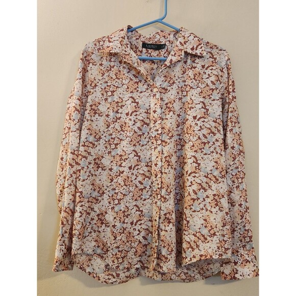 Ralph Lauren Women Large‎ Brown Floral Long Sleeve Button Up Boho Hippie Shirt - Picture 1 of 9